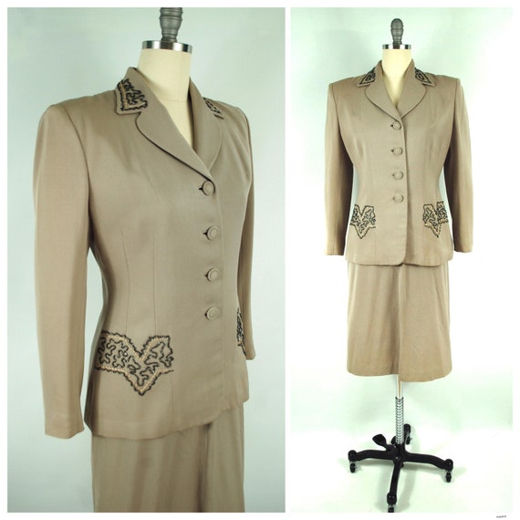 1940s Gabardine Suit: Soutache Beaded Trim, Halldon LTD - 38 Bust