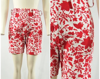 1960s Floral Cotton Shorts / 25 - 26 Waist / Floral Print Tropical High waisted Shorts with belt Loops Bermuda Shorts Board Shorts