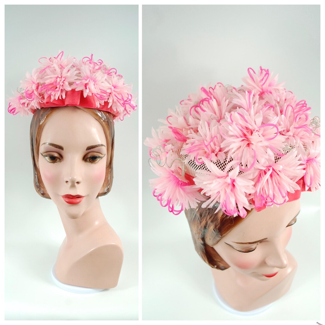 1960s Whimsical Pink Pillbox Hat Floral Pillbox Hat Spring 