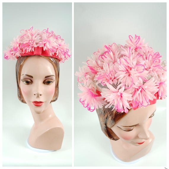 1960s Whimsical Pink Pillbox Hat Floral Pillbox Hat Spring  display picture 2