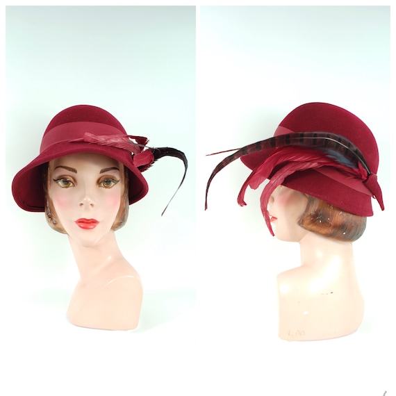 1970s Adolfo II Ladies Cloche Hat / Feathered Burgundy Wine  display picture 1
