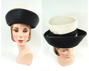 1960s Henry Margu Straw Hat: Black & White Upturned Brim