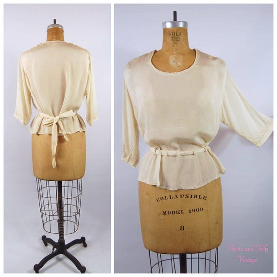 20s Ivory Crepe Blouse / 35 - 37 Bust / 20s Art De