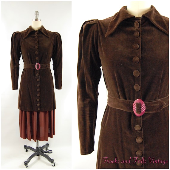 30s Brown Cotton Velvet Crepe Dress / 28 - 29 Wais