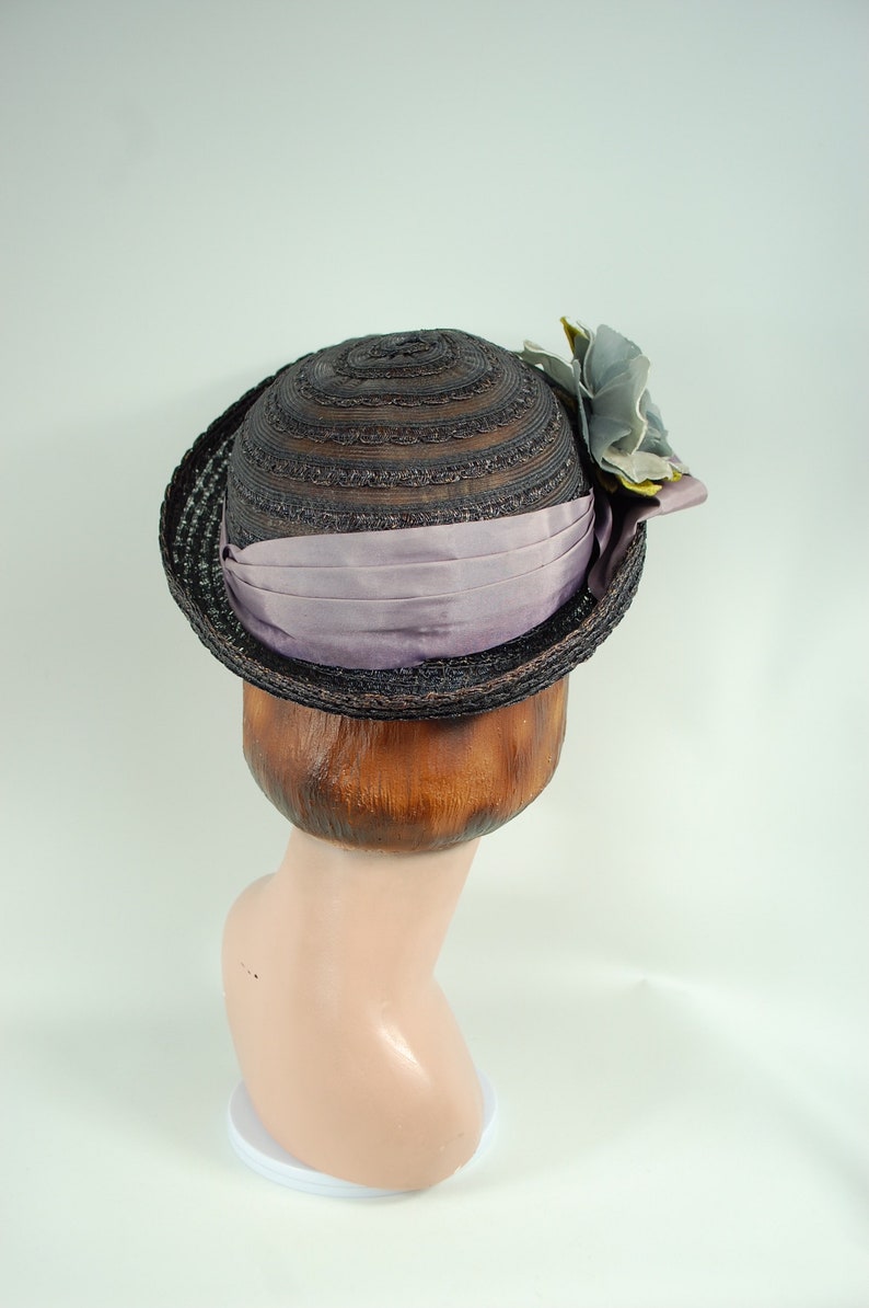 Late 1940s Straw Floral Hat / Face Framing Wide Brimmed 40s Straw Bonnet Summer Blue Indigo Purple Lavender Flowers image 8