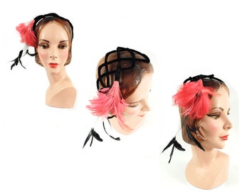 1950s Lattice Half Hat with Feathers / Black velvet Persimmon Pink Black and Pink Feathered Hat 1950s Evening Hat Asymmetrical Hat