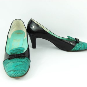 1960s Aqua and Black Pumps / size 9 / Black Patent 3 Inch Heels Rounded Toe Two-Tone Patent Mr Seymour Packard Rellin Turquoise blue