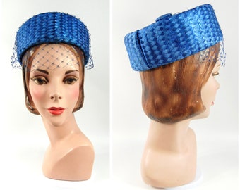 1960s Blue Straw Pillbox Hat / Brimless Woven Sapphire Spring Summer Early 60s Veiled