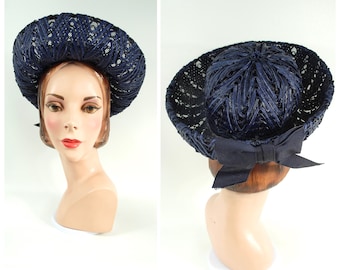 Early 1960s Navy Blue Hat Mid 60s Halo Face Framing Wide Brim Straw Upturned Brim Woven