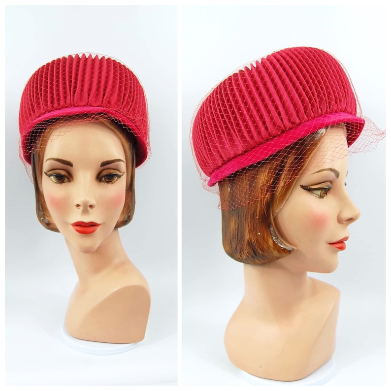 Pink Pleated 60s Dome Pillbox Hat Jewel Tone Fuchisia High Crown Small Brimmed Mid 60s Pink Hat