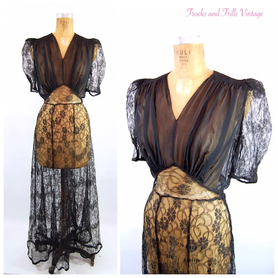 Late 30s Sheer Black Lace Dress / 28 Waist / Forma