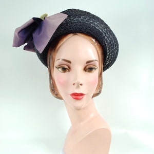 Late 1940s Straw Floral Hat / Face Framing Wide Brimmed 40s Straw Bonnet Summer Blue Indigo Purple Lavender Flowers image 3