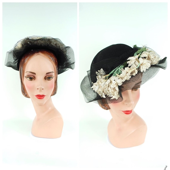 Late 1940s Spring Summer Black and White Floral Hat With  display picture 3