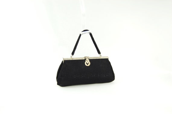 1930s Small Evening Bag / Black Silver Pinstriped… - image 1