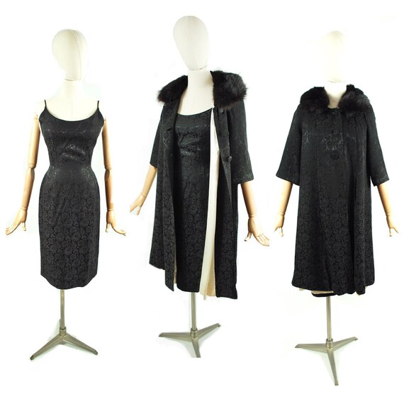 Dress and Coat Set: 1950s 1960s Black Jacquard Fur Trimmed / 26 Waist / WINTR Cocktail Dress Evening Formal