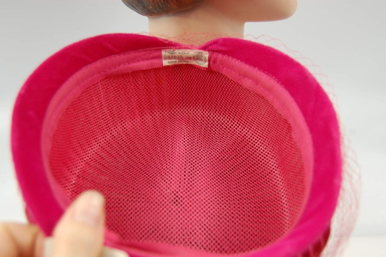 Pink Pleated 60s Dome Pillbox Hat Jewel Tone Fuchisia High Crown Small Brimmed Mid 60s Pink Hat