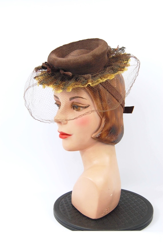 Late 30s Brown Topper Hat / Brown and Yellow 40s … - image 3
