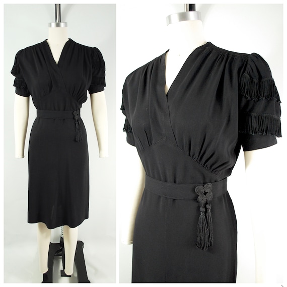 Early 1940s Fringe Dress WWII era Black Rayon 194… - image 1