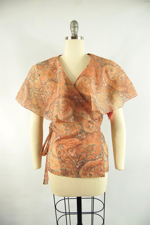 Early 1970s Sheer Paisley Wrap Top / Small / 70s … - image 8