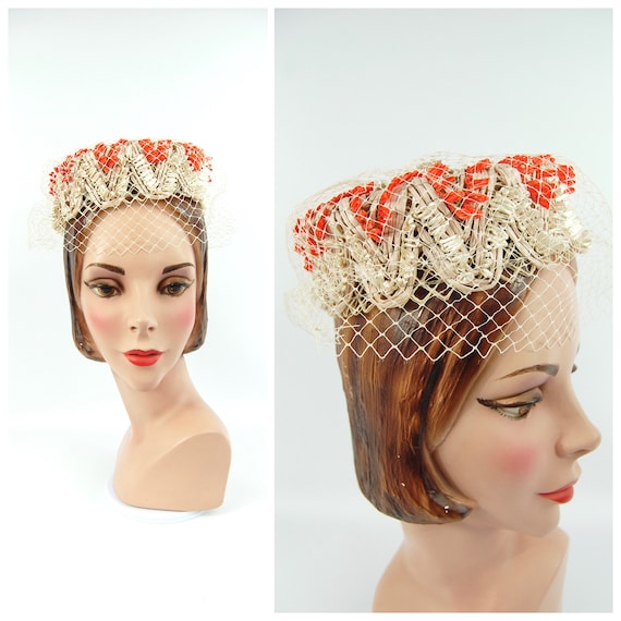 50s 60s Orange and Beige Straw Hat - Spring Summer