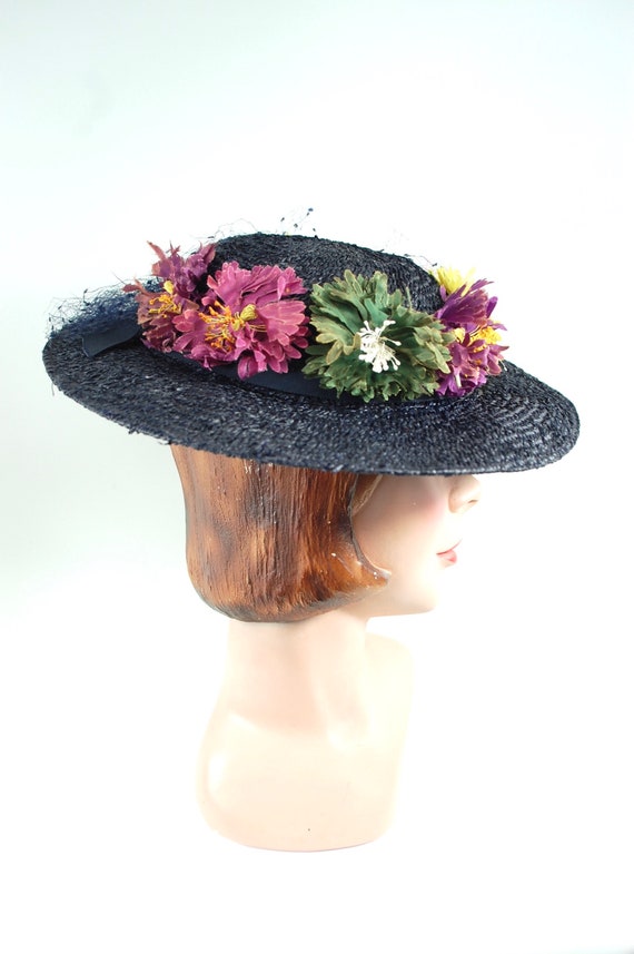 1930s Navy Floral Saucer Hat / Tilted Jaunty Spri… - image 5