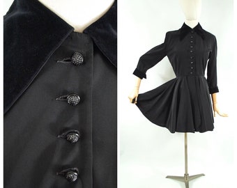 1940s Black Taffeta Peplum Jacket / 28 waist / Evening Formal Cocktail Velvet Trims Daggar Collar Full Skirt by Kahn