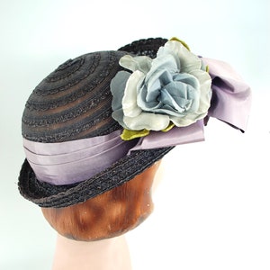 Late 1940s Straw Floral Hat / Face Framing Wide Brimmed 40s Straw Bonnet Summer Blue Indigo Purple Lavender Flowers image 4