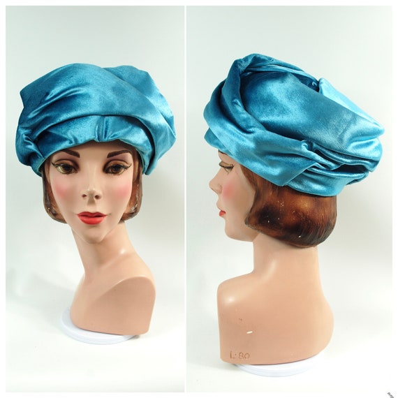 1960s Turquoise Velvet Turban Hat / Turquoise Blu… - image 1