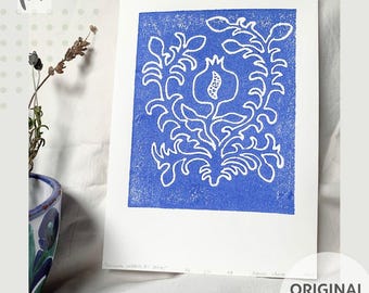 Pomegranate Relief Print, Handmade Linear Illustration, Blue Simple Botanical Motif, Wall Hanging Home Decor, Minimalist Art, Gift Idea