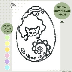 Illustration numérique, chat dans un oeuf, décoration murale imprimable, idée cadeau cartes de Pâques, graphique linéaire mignon, décoration minimaliste couleur pastel