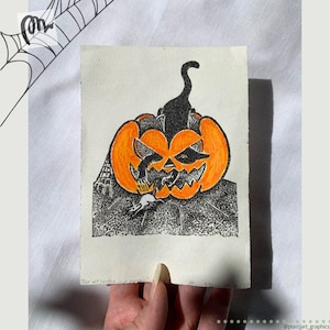 Impression originale, citrouille chat rat, illustration faite main, design effrayant d&#39;Halloween, décoration murale colorée à la main colorée de dopamine