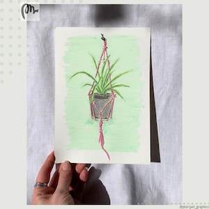 Pianta ragno, illustrazione con ricamo a pastello a olio, originale e unica decorazione da parete primaverile, idea regalo, pianta in vaso in macramè