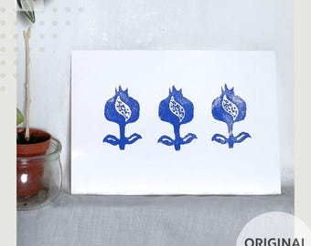 Handmade Relief Print, Three Blue Pomegranate Simple Illustration, Botanical Pattern, Wall Hanging Home Decor, Minimalist Art, Gift Idea
