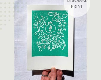Handmade Print Pomegranate, Emerald Green Linear Illustration, Botanical Pattern Graphic, Wall Hanging Home Decor, Minimalist Art, Gift Idea