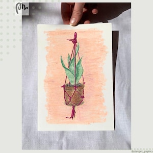 Sansevieria, illustrazione con ricamo a pastello a olio, originale e unica decorazione da parete primaverile, idea regalo, pianta in vaso in macramè