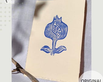Handmade Relief Print, Blue Pomegranate, Botanical Simple Illustration, Physical Graphic, Minimalist Wall Hanging Art Decor/Unique Gift Idea