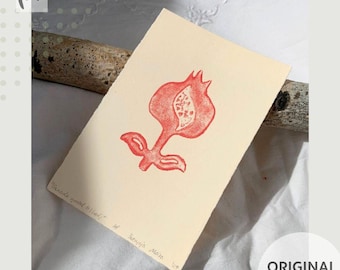 Simple Pomegranate, Relief Print, Red Handmade Illustration, Minimalist Design, Wall Hanging Art Decor, Cute Plantlover/Mom/Dad Gift Idea