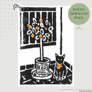 Gato y naranjo, ilustración imprimible, póster gráfico sencillo, decoración minimalista para colgar en la pared, regalo para amantes de los gatos.