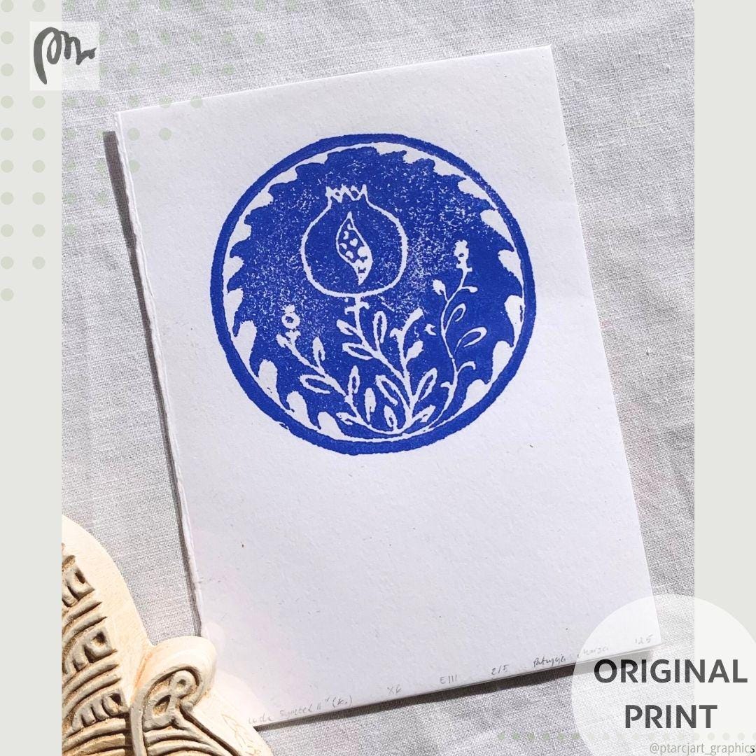 Pomegranate Relief Print, Blue Simple Handmade Illustration, Botanical Circular Motif, Minimalist Wall Hanging Home Decor, Plant Lover Gift