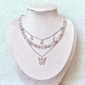 Vintage Beaded Layered Necklace with Butterfly Pendant and Rose Quartz, Lana del Rey