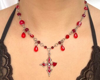 Collar Gótico Vampiro Con Corazón Rojo Y Cruz - Joyería De Estilo Oscuro, Ideal Para Halloween O Regalo