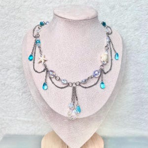 Frutiger Aero Handmade Layered Beaded Necklace - Ocean, Water, Bubbles, Summer, Sea Shell, Starfish Y2K - Aquacore, Mermaidcore, Apatite