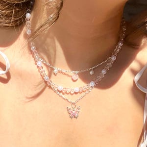 Vintage Beaded Layered Necklace with Butterfly Pendant and Rose Quartz, Lana del Rey