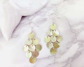 Cascade Chandelier Earrings with Yellow Mussel Shell; Long, Lightweight Boho; Pearlescent, Shimmery Beach Dangle Drops; Elegant, Glossy