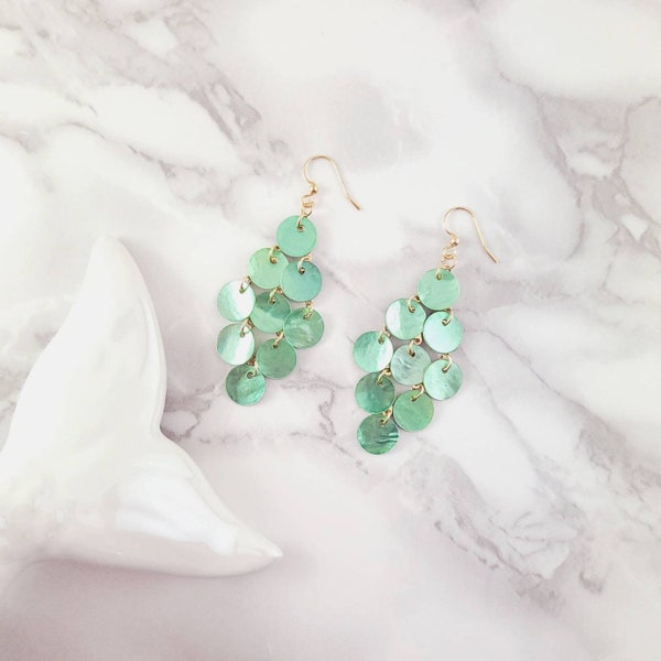 Cascade Chandelier Earrings with Green Mussel Shell; Long, Lightweight Boho; Pearlescent, Shimmery Beach Dangle Drops; Elegant, Glossy