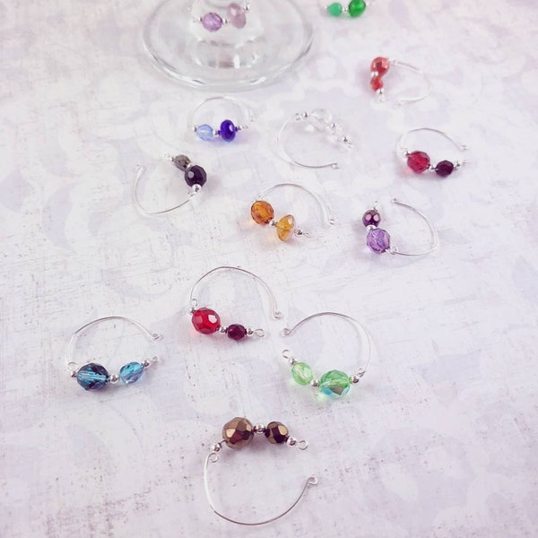 Glass Wineglass Charms; Czech Glass Faceted Beads; Beaded Drink Markers; Wine Accessory + Hostess Gift; Elegant Party Decor