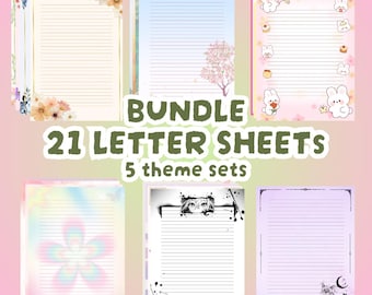 Paquete de hojas para cartas de amigos por correspondencia, con flores, estaciones, adorables, anime, Japón, tamaño A4, en 21 diseños únicos y adorables en 5 juegos