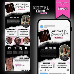 May include: A black and white digital marketing template for a nail salon. The template features a photo of a hand with manicured nails, a photo of a woman, and text that says "Welcome to Business Name", "Meet Your Tech", "Monday-Friday: 9:00 AM-5 PM", "Saturday: 10:00 AM-2:00 PM", "Email: your@email.com", "Phone: 555-555-5555", and "Book Below".