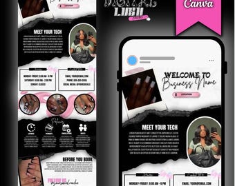 May include: A black and white digital marketing template for a nail salon. The template features a photo of a hand with manicured nails, a photo of a woman, and text that says "Welcome to Business Name", "Meet Your Tech", "Monday-Friday: 9:00 AM-5 PM", "Saturday: 10:00 AM-2:00 PM", "Email: your@email.com", "Phone: 555-555-5555", and "Book Below".