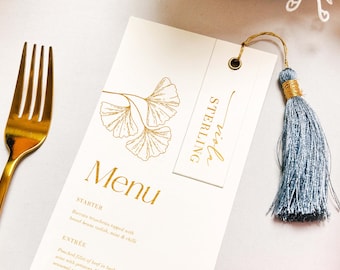 Wedding Paper Menu - Personalized Menu, Custom Menu with Name Card, White and Gold Menu, Wedding Table Decor